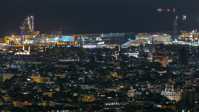 View of Barcelona timelapse, the Mediterranean sea and port of Barcelona  from Bunkers Carmel. Catalonia, Spain.
