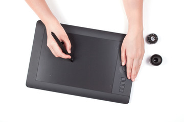 Female Hand Using Graphic Tablet.