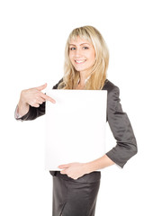 Fototapeta premium Portrait of young business woman holding a blank banner. 
