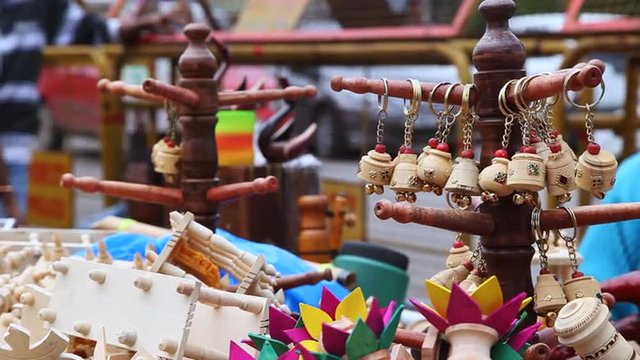 Locked-on shot of souvenir for sale at market stall outside the Chamundeshwari Temple, Chamundi Hills, Mysore, Karnataka, India