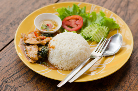 Thai food,spicy fried pork with pepper and jasmine rice