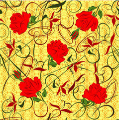 Vector repeating pattern in the form of red roses and abstract elements.