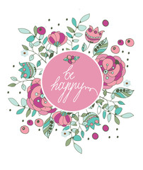 colorful vector background with beautiful floral pattern in a circle with the inscription happiness on white background