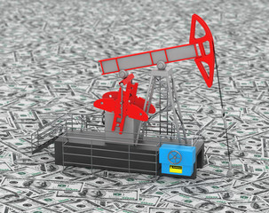 Oil Jack Pump stands over heap of money