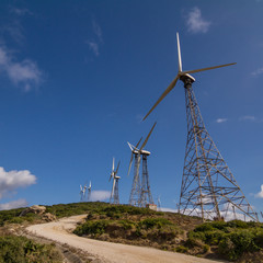 A range of windmills on the hill against the blue sky