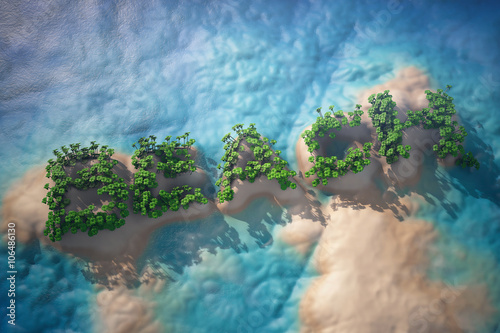 Tropical Island in Ocean with Trees as Beach sign