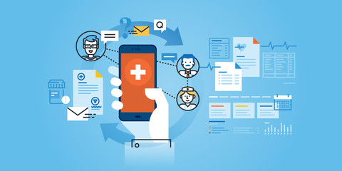 Flat line design website banner of healthcare mobile app. Modern vector illustration for web design, marketing and print material.