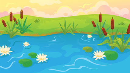 Fototapeta na wymiar Pond With Reeds And Lilies