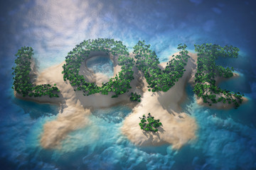 Tropical Island in Ocean with Trees as Love sign