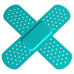 Two crossed adhesive bandages on white background