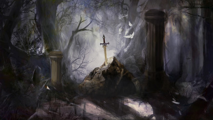 sword in a stone in a forest - obrazy, fototapety, plakaty
