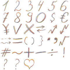 Set of multicolored numbers and characters. Drawn by hand.