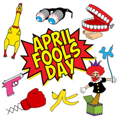 April Fools Day fun stuff set vector illustration
