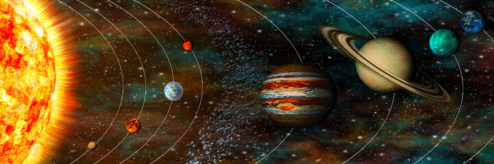 Solar System panorama, planets in their orbits, ultrawide © tmass