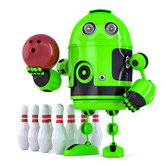 Green Robot playing bowling. Isolated. Contains clipping path