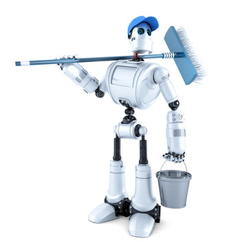 Friendly robot cleaner. Isolated. Contains clipping path