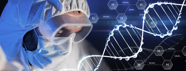 close up of scientist face in chemical lab
