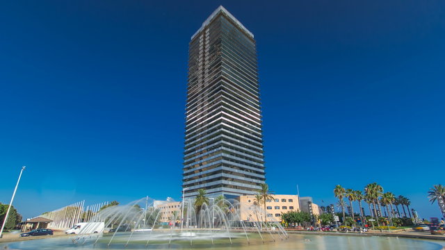 Skyscraper timelapse hyperlapse in the Olympic Port, the maritime neighborhood of the Old City of Barcelona in Barcelona, Spain.