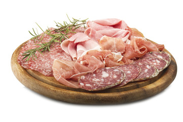 Wooden cutting board with various Italian salami