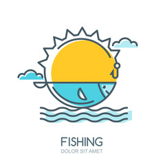 Vector linear colorful illustration of sun, fish in the sea, fishing rod and hook. Fishing logo, label, badge or emblem design elements. 