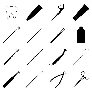 Set of black dental icons, vector illustration