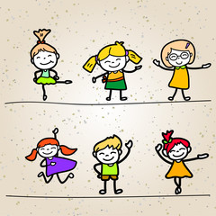 Hand drawing cartoon happy kids