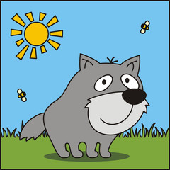 Funny wolf. Vector illustration - cartoon wolf on green grass. Icon wolf.