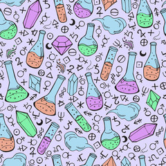 Seamless pattern with flasks and alchemy symbols