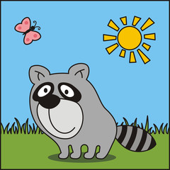 Funny raccoon. Vector illustration - cartoon raccoon on green grass. Icon raccoon.