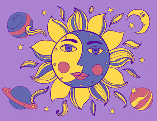 Sun and moon in one face. Alchemy vector illustration