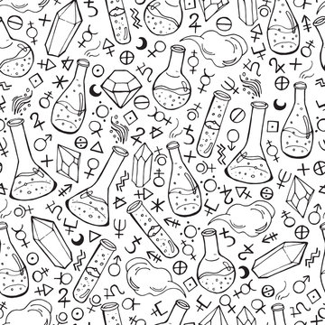 Seamless pattern with flasks and alchemy symbols