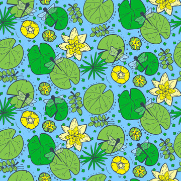 Seamless pattern with water and underwater plants