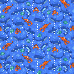 Seamless pattern with underwater life with sharks and whales
