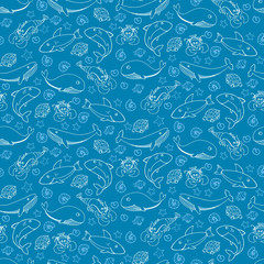 Obraz premium Seamless pattern with underwater life with sharks and whales