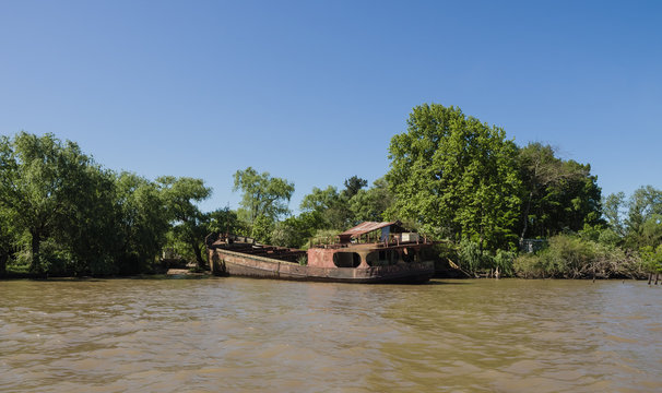 Sunken Boat On The River Plate Delta, Argentina