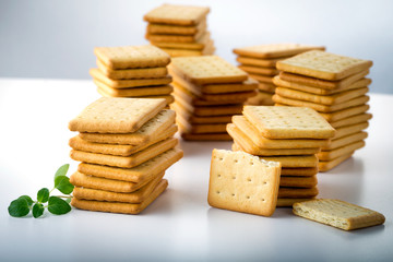 bunch of salty crackers stacked in to the pillars