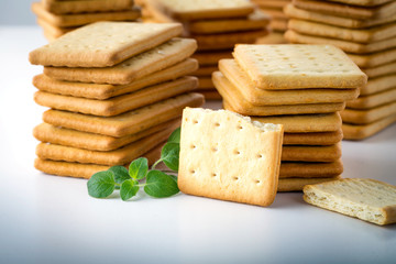 bunch of salty crackers stacked in to the pillars