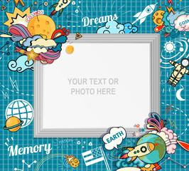 Obraz premium Vector template photo frame or card for your picture. Insert your picture or text. Scrapbook concept. Design photo frame. Decorative template for baby, family or memories. Vector illustration.