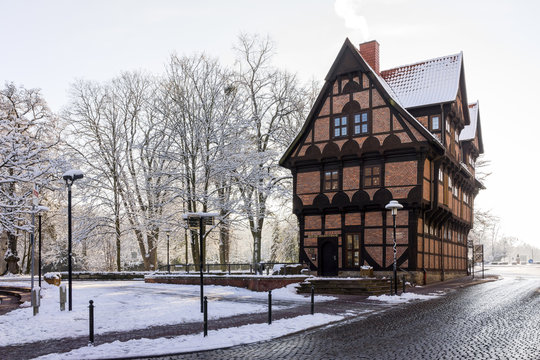 Winter street wiev of Stadthagen in Lower Saxony, Germany.