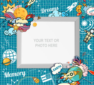 Vector template photo frame or card for your picture. Insert your picture or text. Scrapbook concept. Design photo frame. Decorative template for baby, family or memories. Vector illustration.