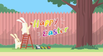 Rabbit Group Standing On Step Ladder Hold Brush Paint Happy Easter Wall Holiday Banner