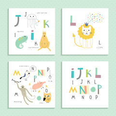 Cute zoo alphabet in vector.  I, J, K, L M, N, O, P letters