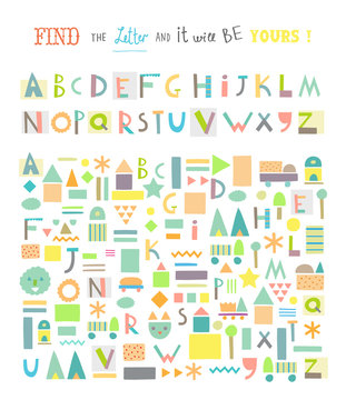 Find the Letter ! Funny game for kids. Cute paper cut alphabet.