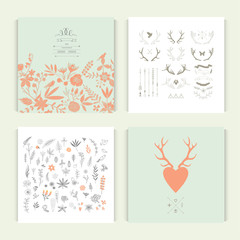 Patterns with antlers and floral elements. Set of four cards.