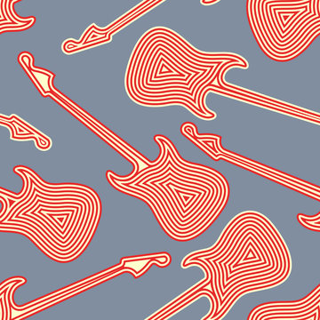 Seamless pattern with red white striped finish guitar silhouettes.