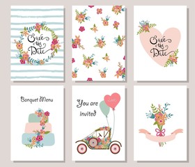 Fototapeta na wymiar Collection of 6 cute romantic universal cards templates. 