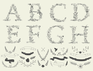 Letters A, B, C, D, E, F, G, H. Floral elements of alphabet