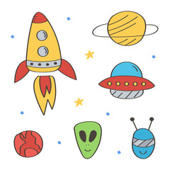 Set of cute and colorful space doodles isolated on white background. Aliens and planets doodles.