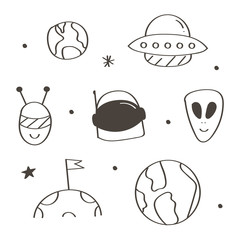 Set of cute monochrome space doodles isolated on white background. Aliens and space flights doodles.