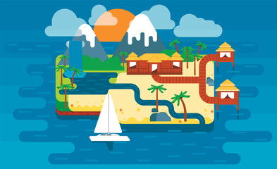 Paradise island, colorful cute vector illustration. Island with palm trees and houses. Vector illustration in flat style.